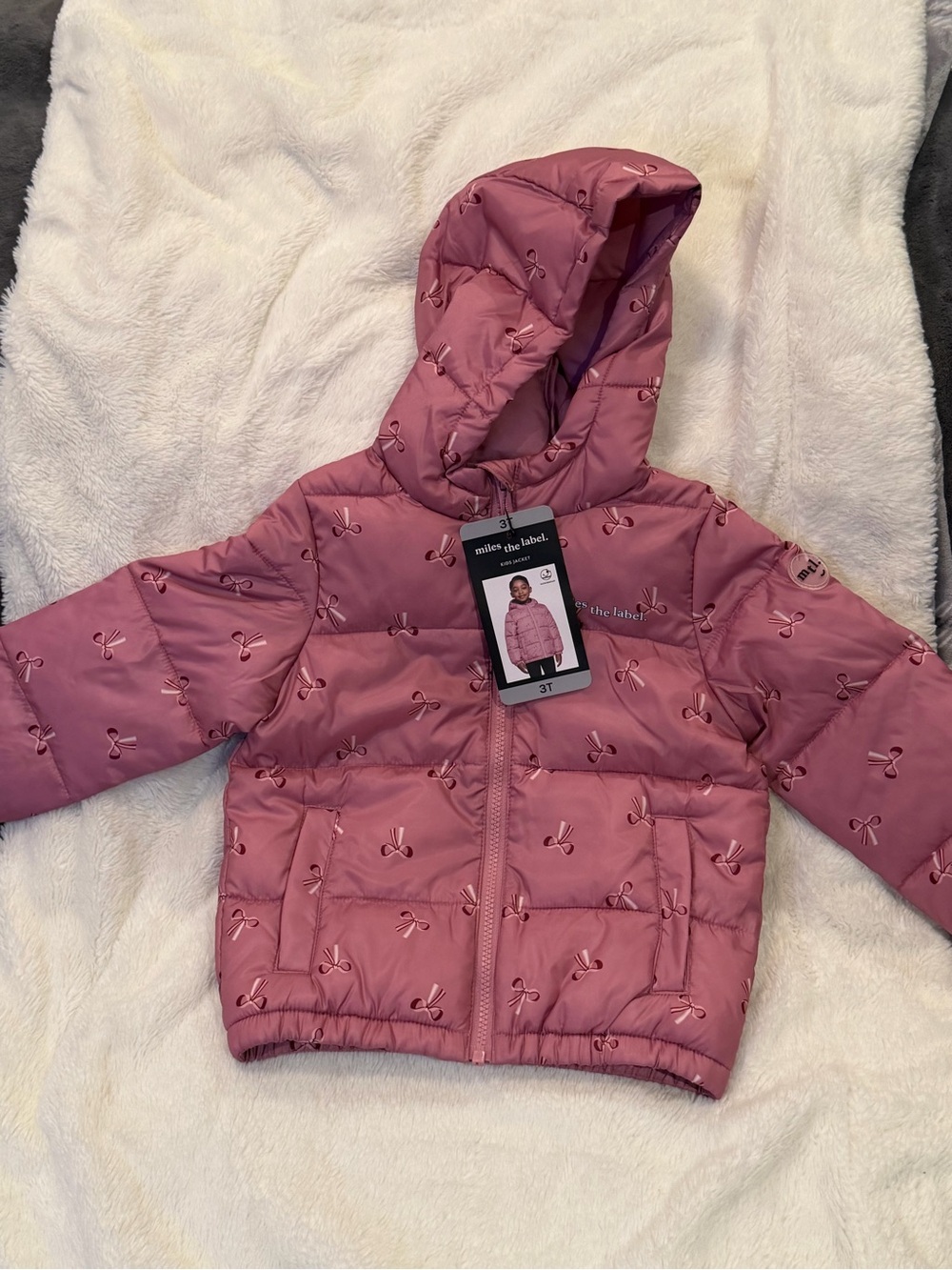 NWT Girls Pink Miles the Label Quilted Hooded Puffer Jacket with Bow Accents